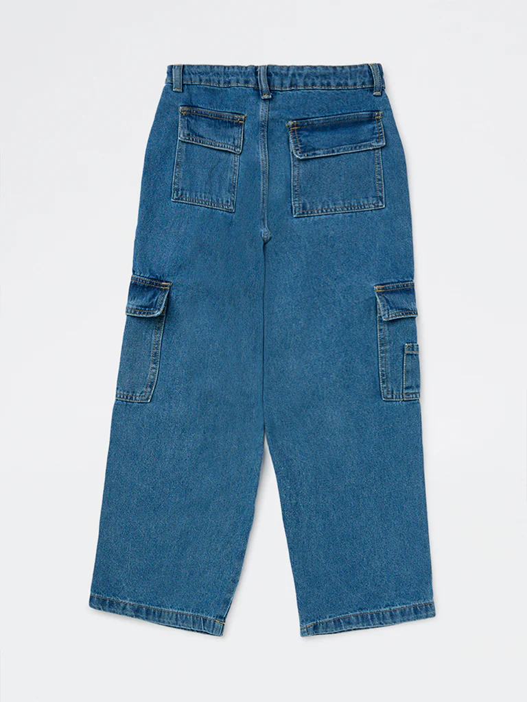 Y&F Kids Boys Blue Mid-Wash Cargo-Style Mid-Rise Jeans - Image 2