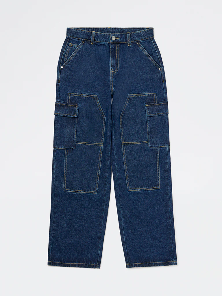 Y&F Kids Boys Blue Mid-Wash Relaxed-Fit Mid-Rise Cotton Jeans
