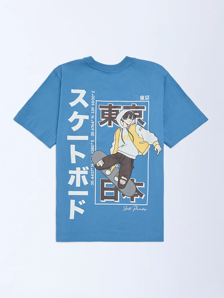 Y&F Kids Boys Blue Printed Cotton T-Shirt - Image 2