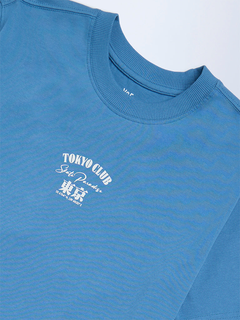 Y&F Kids Boys Blue Printed Cotton T-Shirt - Image 3