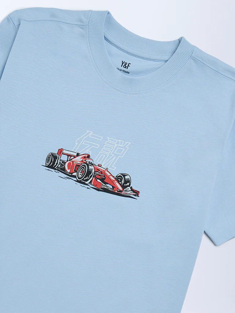 Y&F Kids Boys Blue Printed Cotton T-Shirt - Image 3