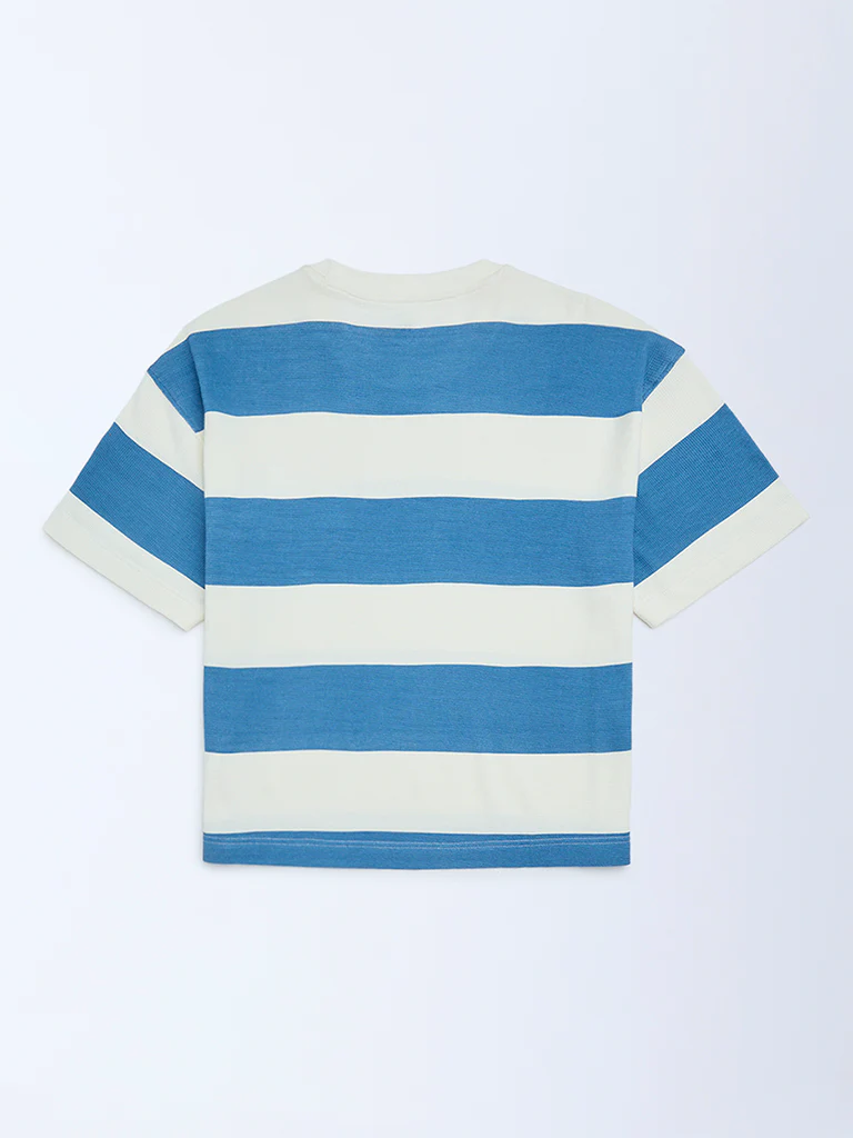 Y&F Kids Boys Blue Striped Cotton T-Shirt - Image 2