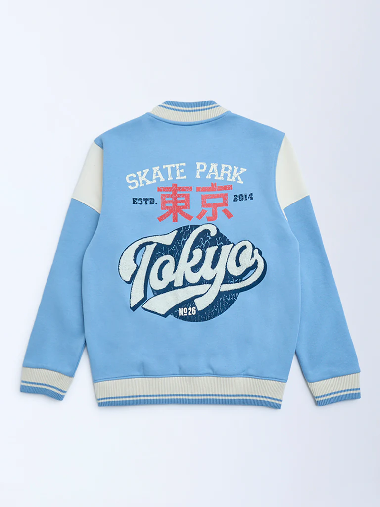 Y&F Kids Boys Blue Text Design Cotton-Blend Varsity Jacket - Image 2