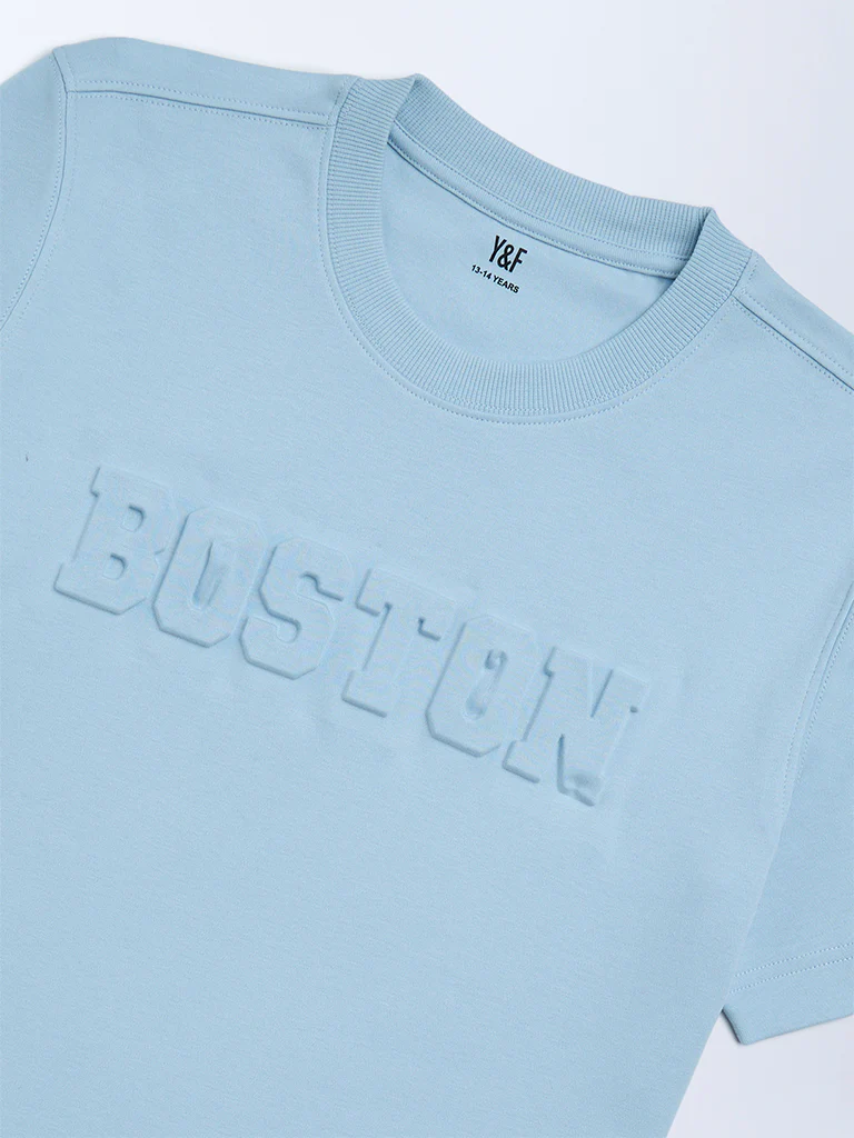 Y&F Kids Boys Blue Text Embossed Cotton T-Shirt - Image 3