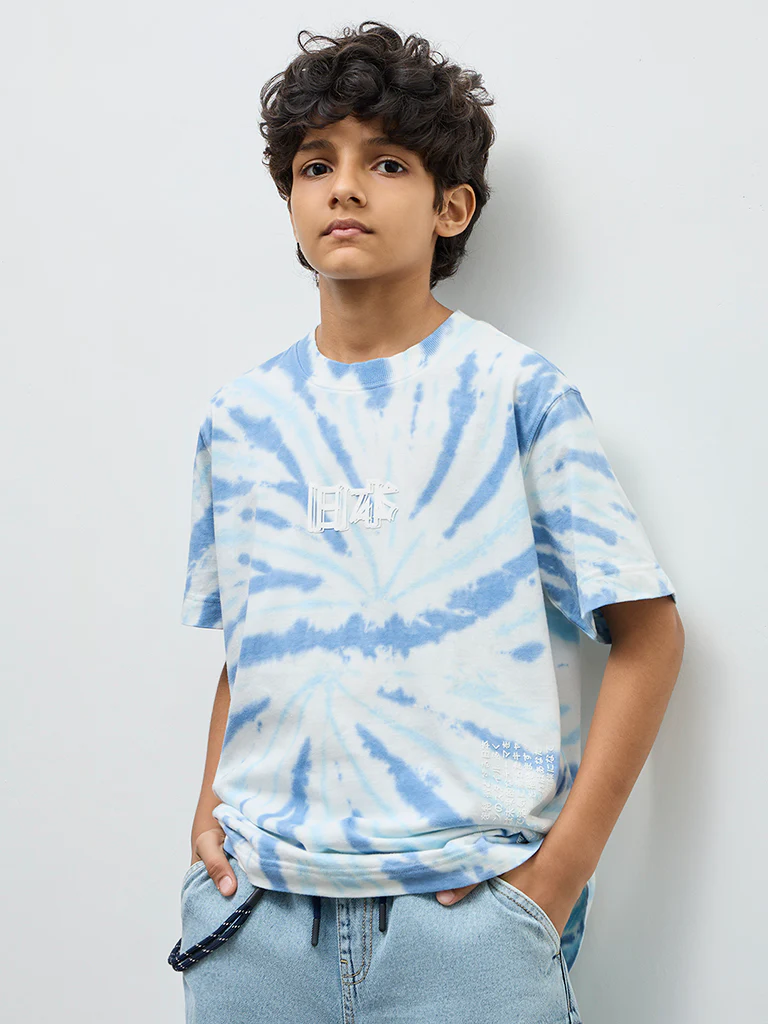 Y&F Kids Boys Blue Tie-Dye Cotton T-Shirt