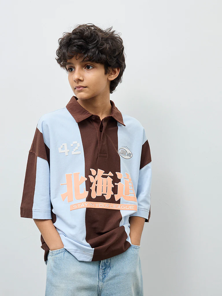 Y&F Kids Boys Brown Colour-Blocked Cotton Polo T-Shirt - Image 2