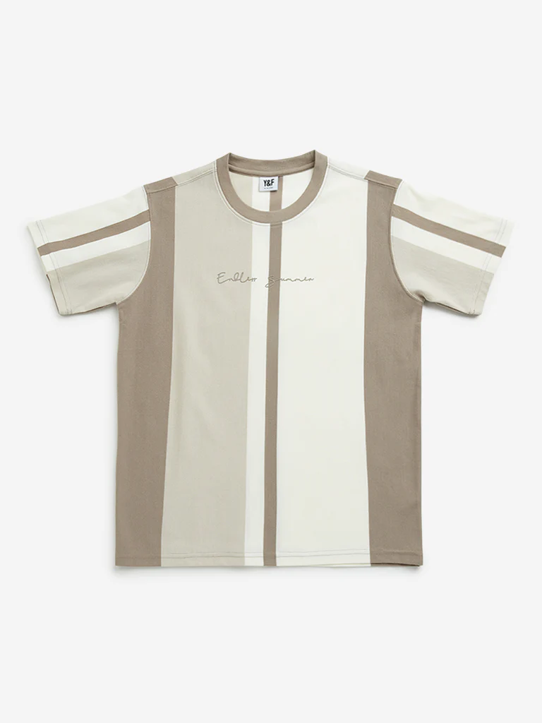 Y&F Kids Boys Brown Colour Blocked Cotton T-Shirt