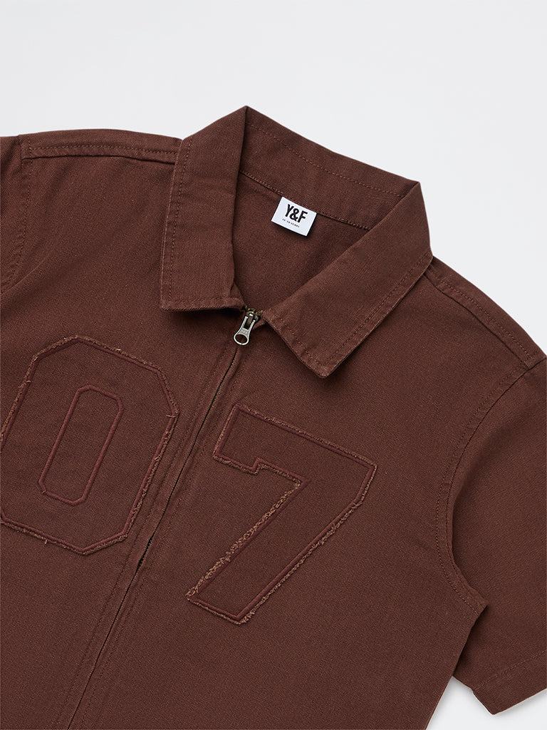 Y&F Kids Boys Brown Numerical Embroidered Cotton Shirt - Image 3