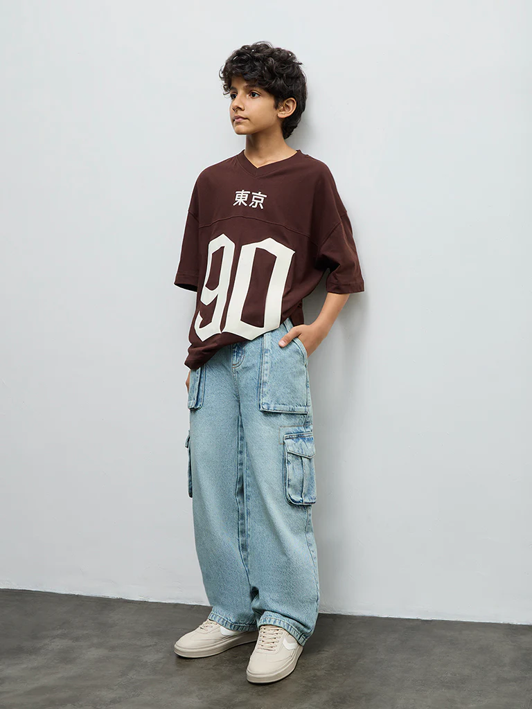Y&F Kids Boys Brown Numerical Printed Cotton T-Shirt