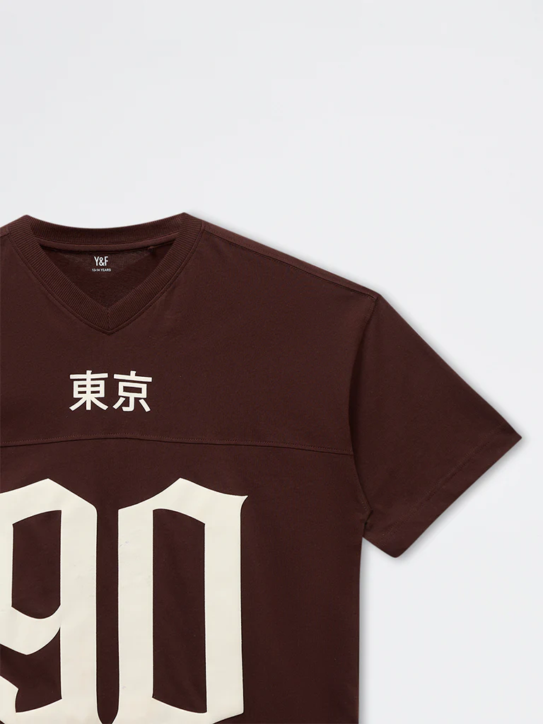 Y&F Kids Boys Brown Numerical Printed Cotton T-Shirt - Image 5