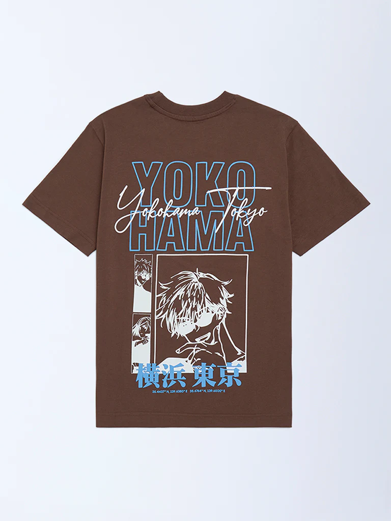 Y&F Kids Boys Brown Printed Cotton T-Shirt - Image 2