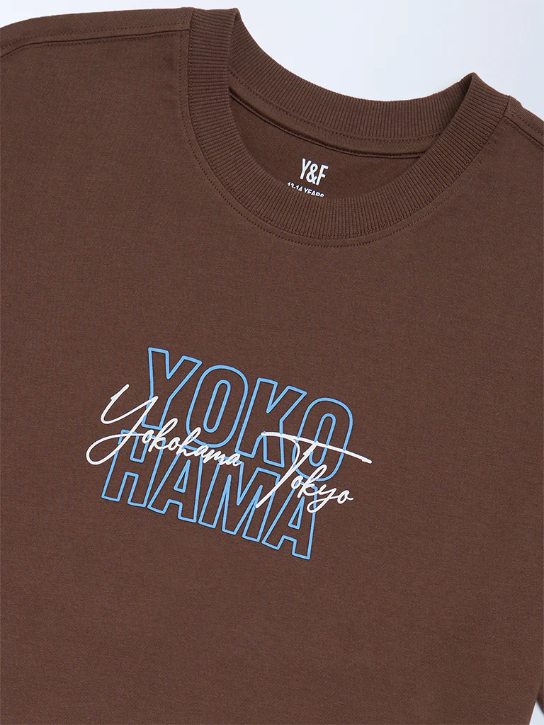 Y&F Kids Boys Brown Printed Cotton T-Shirt - Image 3