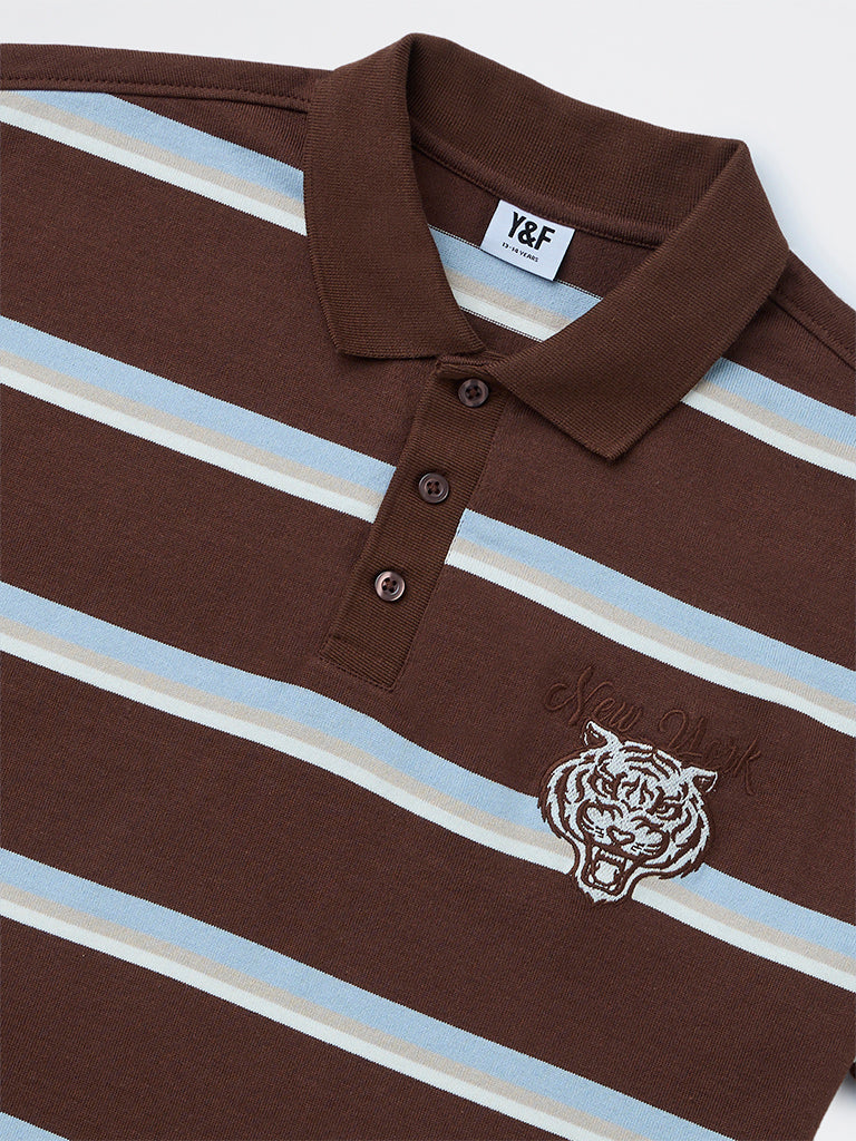 Y&F Kids Boys Brown Striped Cotton Polo T-Shirt - Image 3