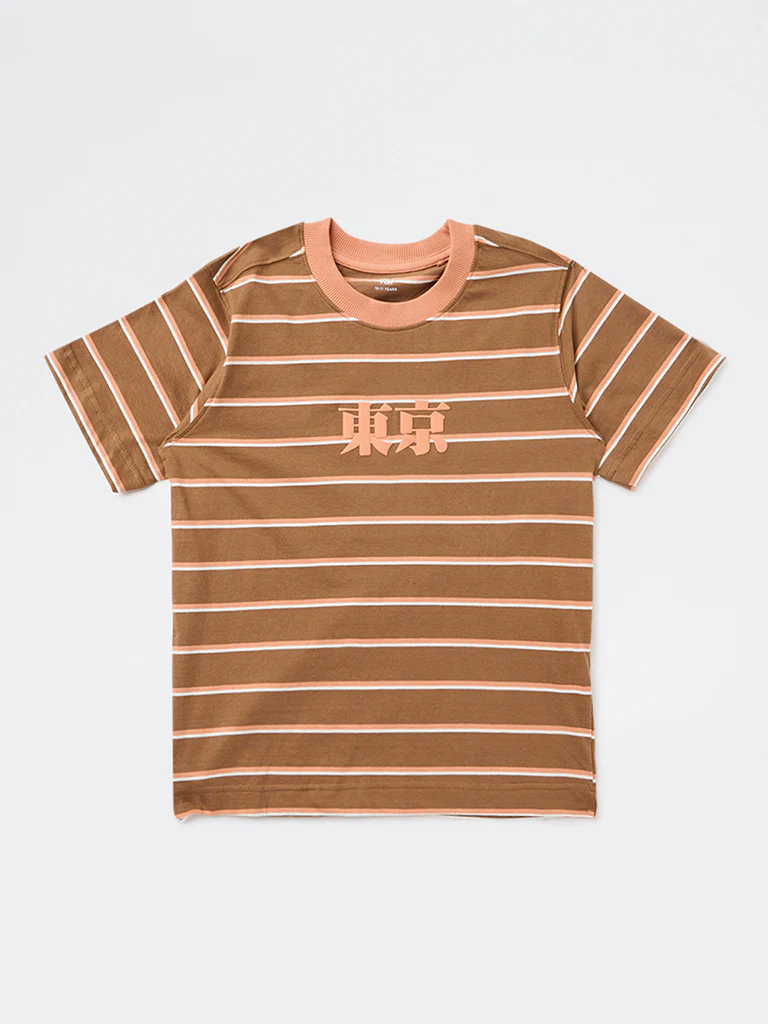 Y&F Kids Boys Brown Striped Cotton T-Shirt