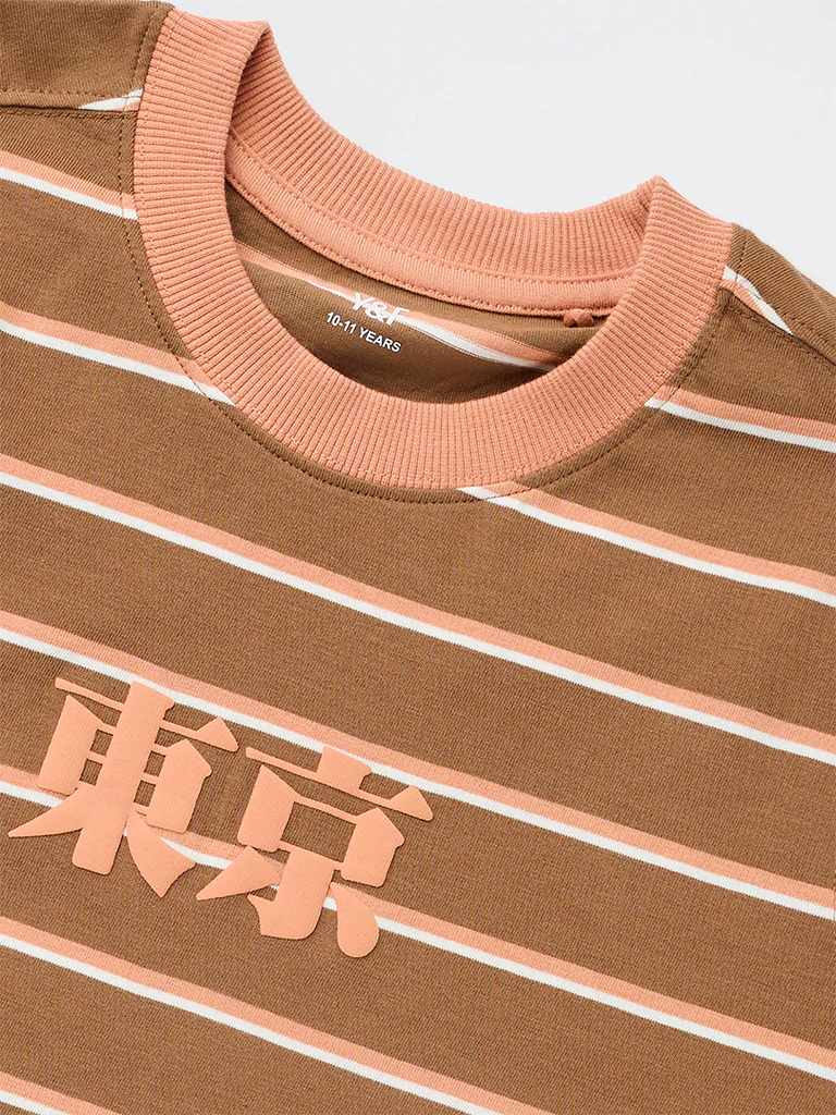 Y&F Kids Boys Brown Striped Cotton T-Shirt - Image 3
