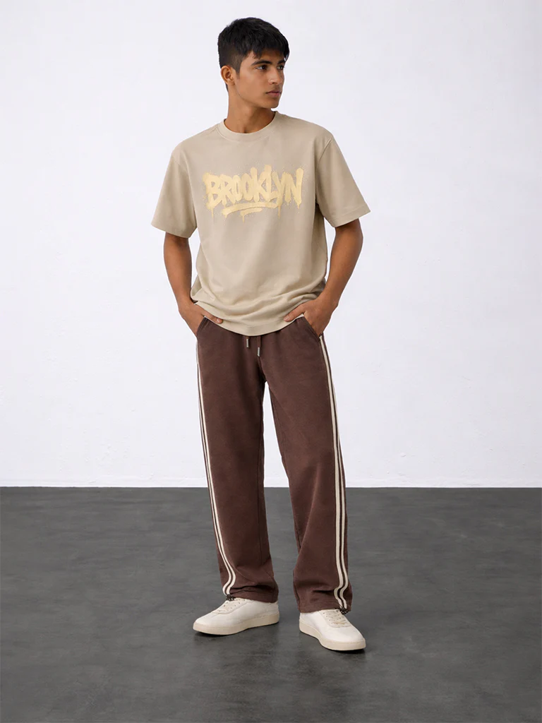 Y&F Kids Boys Brown Striped Mid-Rise Cotton-Blend Track Pants