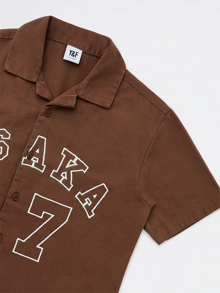Y&F Kids Boys Brown Text-Design Cotton Shirt - Image 5