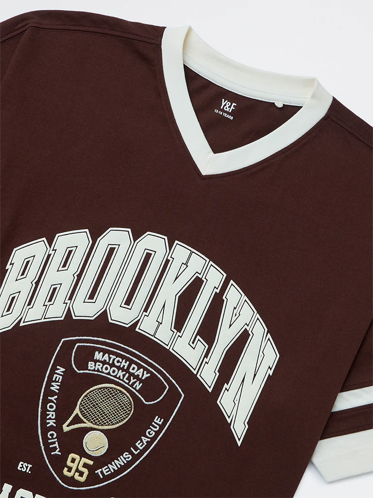 Y&F Kids Boys Brown Text Printed Cotton T-Shirt - Image 3