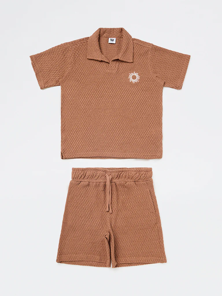 Y&F Kids Boys Brown Textured Cotton-Blend T-Shirt and Shorts Set - Image 3