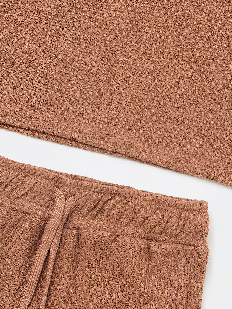 Y&F Kids Boys Brown Textured Cotton-Blend T-Shirt and Shorts Set - Image 5