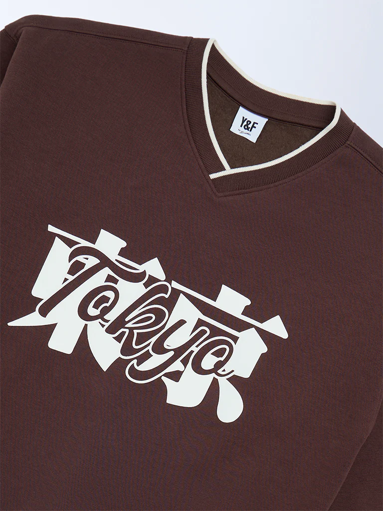 Y&F Kids Boys Brown Typographic Cotton-Blend Sweatshirt - Image 3