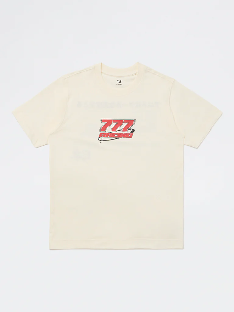 Y&F Kids Boys Cream Racer-Inspired Cotton T-Shirt