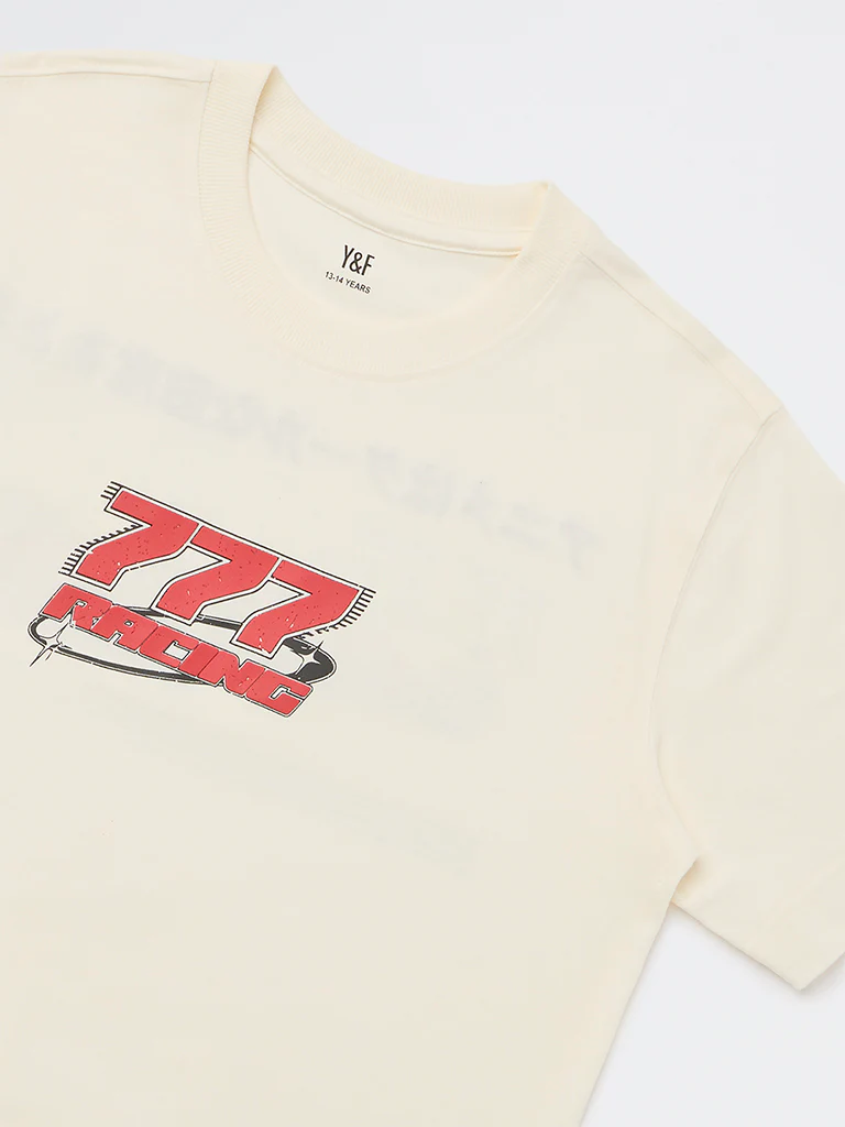 Y&F Kids Boys Cream Racer-Inspired Cotton T-Shirt - Image 3