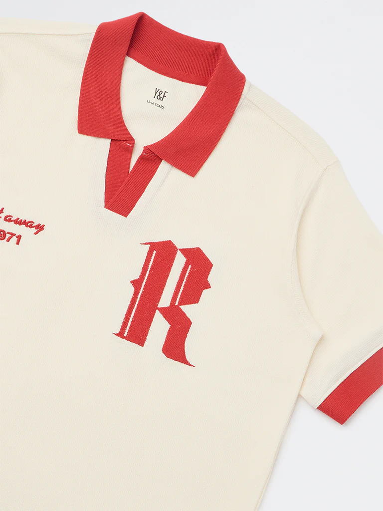 Y&F Kids Boys Cream Text Design Cotton T-Shirt - Image 3