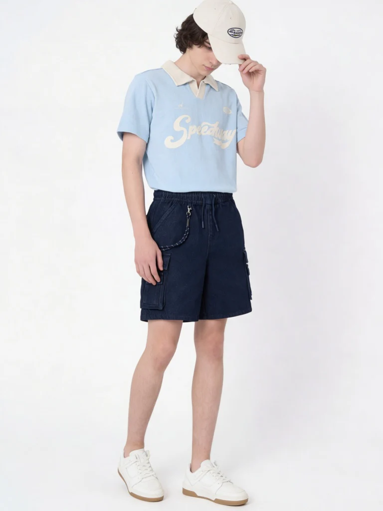 Y&F Kids Boys Dark Blue Mid-Rise Denim Chain-detailed Shorts