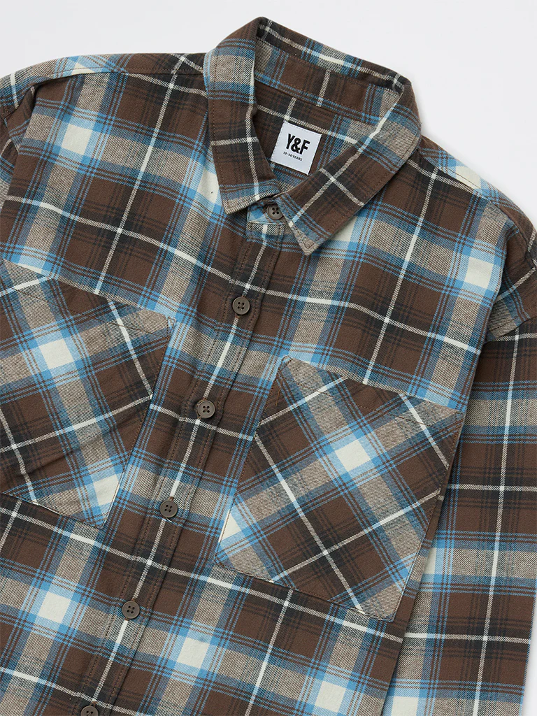 Y&F Kids Boys Dark Brown Check Cotton Shirt - Image 3