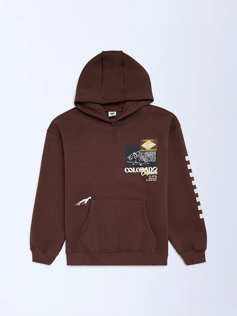 Y&F Kids Boys Dark Brown Printed Cotton-Blend Hoodie
