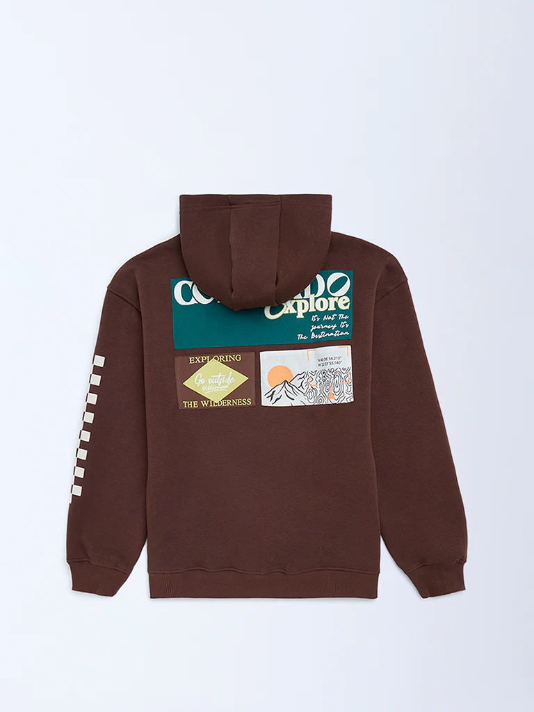 Y&F Kids Boys Dark Brown Printed Cotton-Blend Hoodie - Image 2