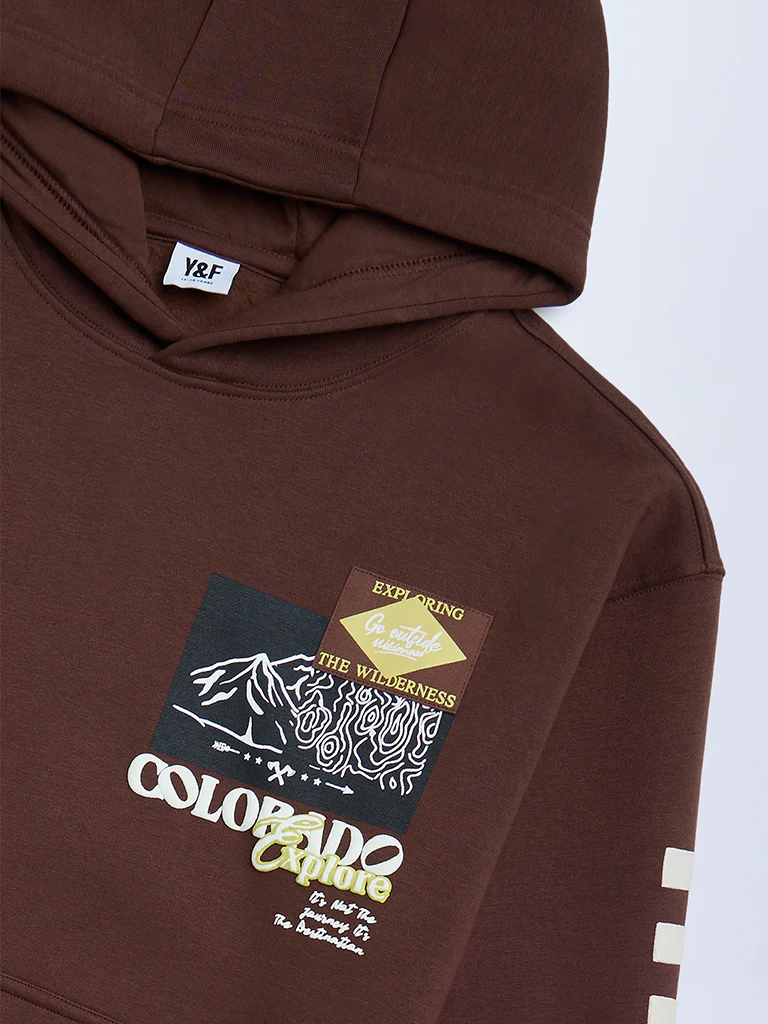 Y&F Kids Boys Dark Brown Printed Cotton-Blend Hoodie - Image 3