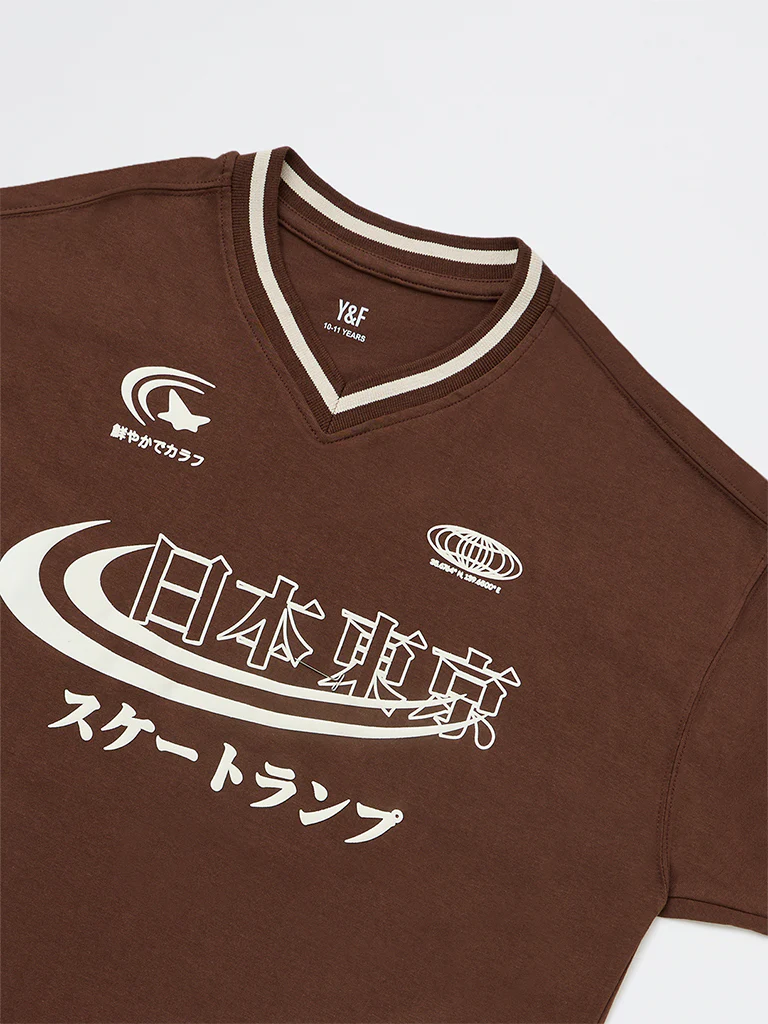 Y&F Kids Boys Dark Brown Printed Cotton T-Shirt - Image 5