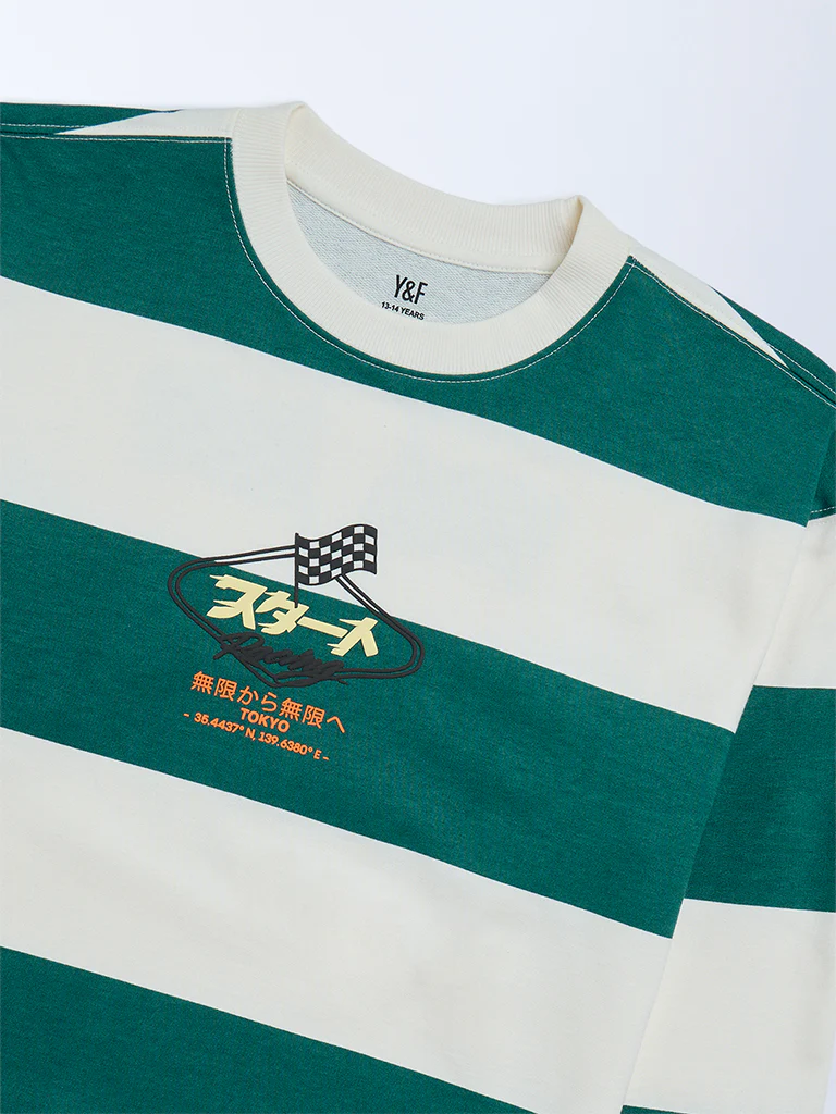 Y&F Kids Boys Dark Green Striped Cotton Sweatshirt - Image 3