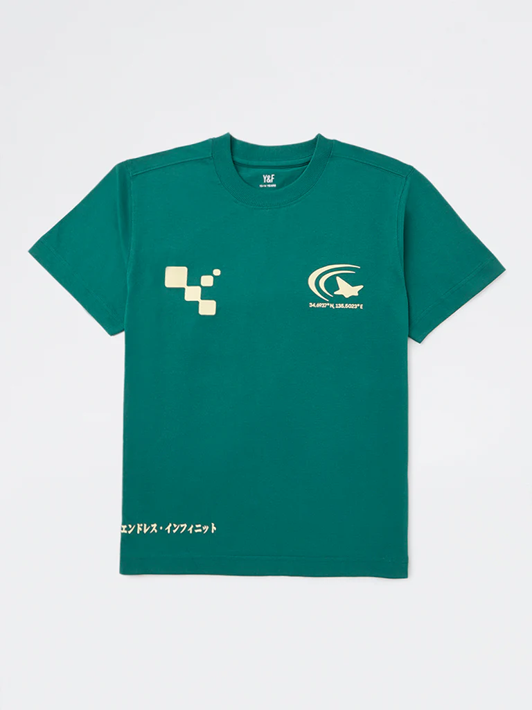 Y&F Kids Boys Green Graphic Printed Cotton T-Shirt - Image 2