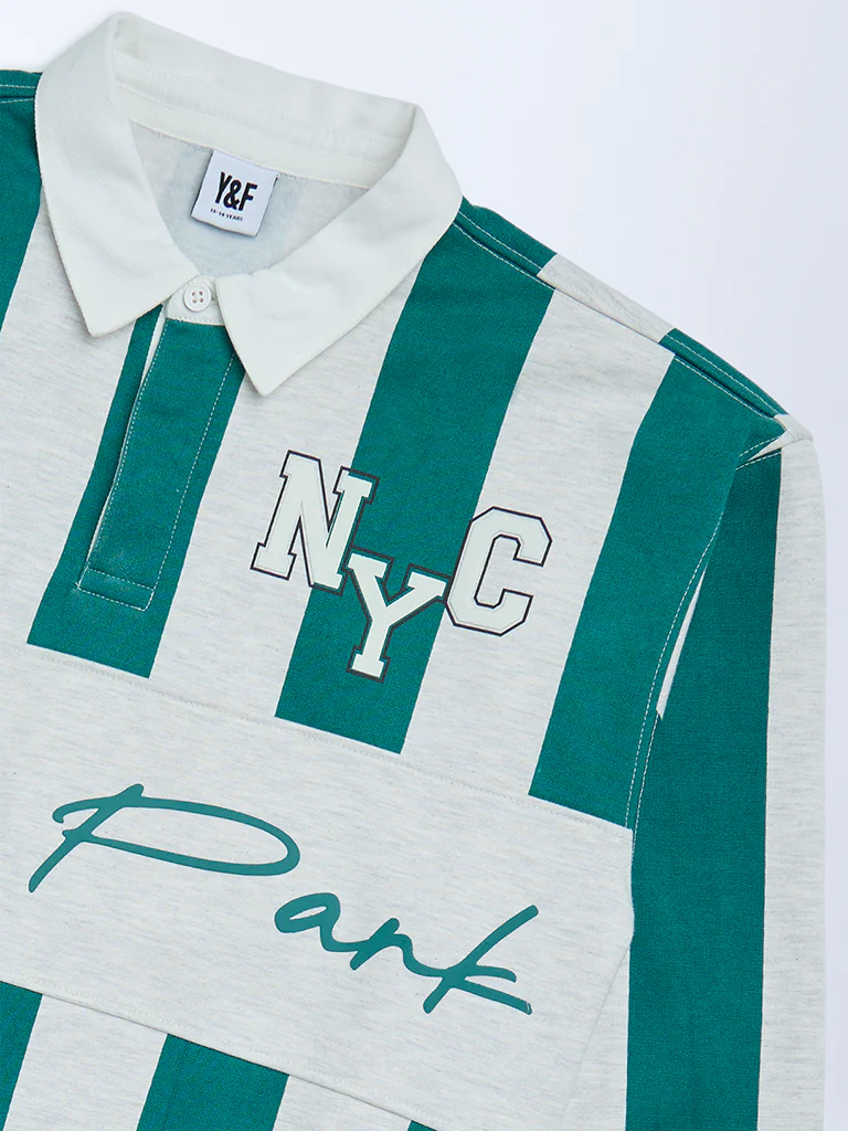 Y&F Kids Boys Green Striped Cotton-Blend Sweatshirt - Image 3