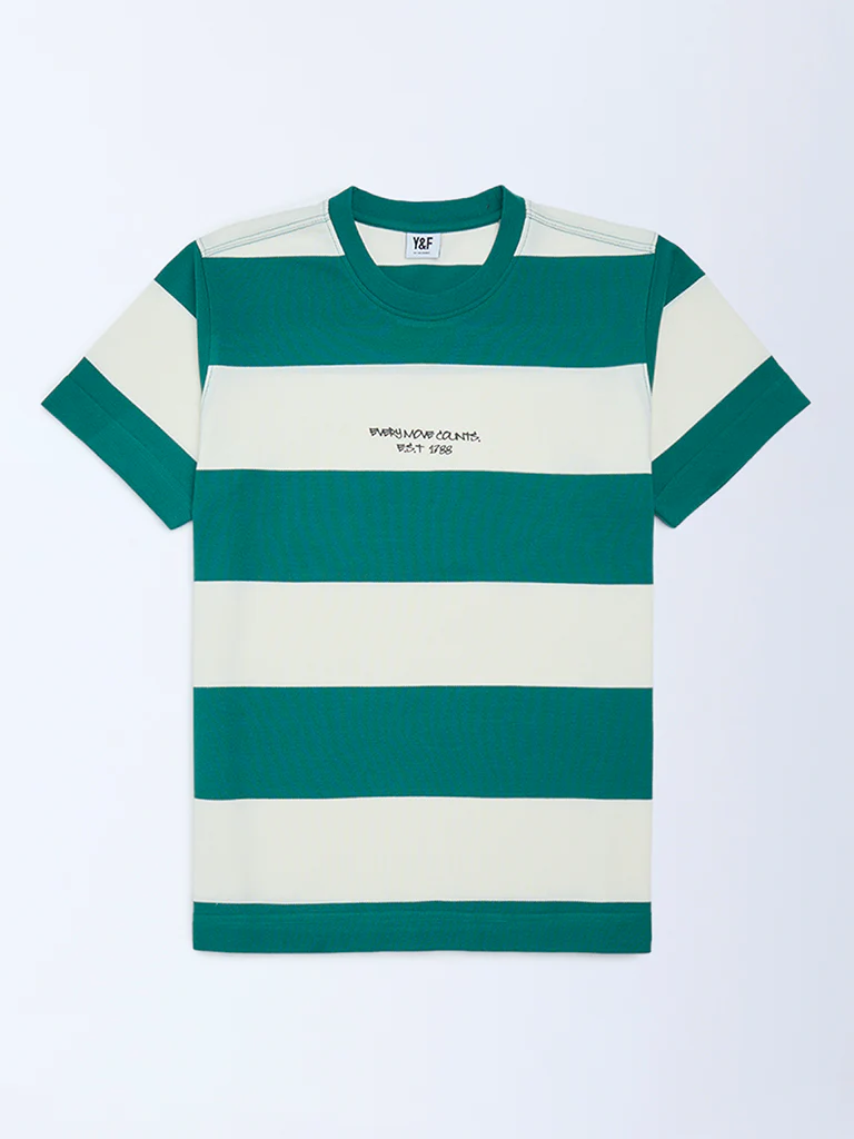 Y&F Kids Boys Green Striped Cotton-Blend T-Shirt