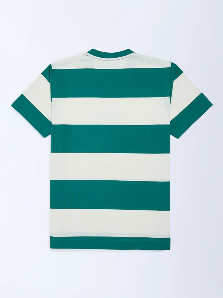 Y&F Kids Boys Green Striped Cotton-Blend T-Shirt - Image 2