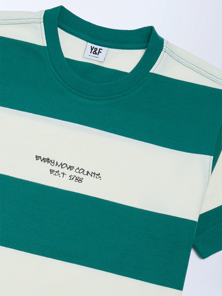 Y&F Kids Boys Green Striped Cotton-Blend T-Shirt - Image 3