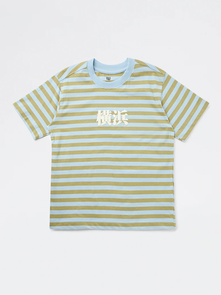 Y&F Kids Boys Green Striped Cotton T-Shirt