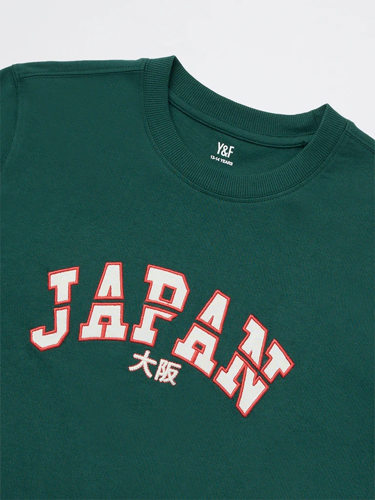 Y&F Kids Boys Green Text Pattern Cotton T-Shirt - Image 3