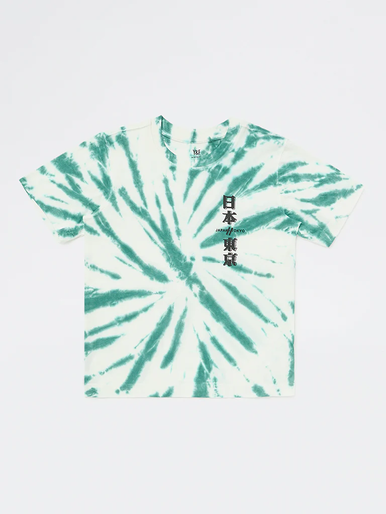 Y&F Kids Boys Green Tie-Dye Printed Cotton T-Shirt - Image 3