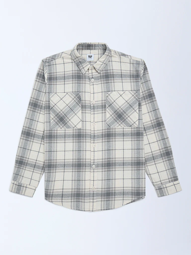 Y&F Kids Boys Grey Checks Printed Cotton Shirt