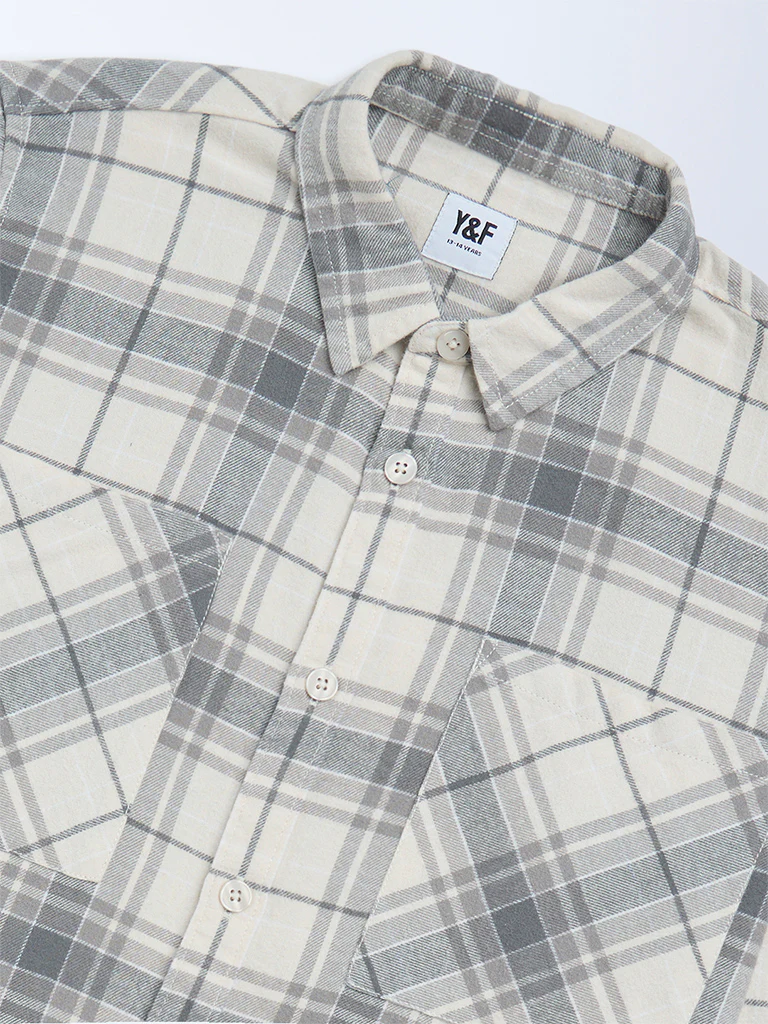 Y&F Kids Boys Grey Checks Printed Cotton Shirt - Image 4