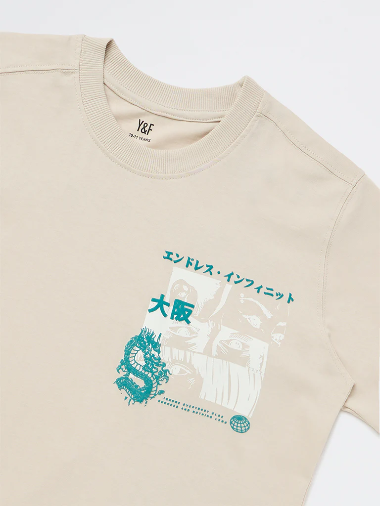 Y&F Kids Boys Light Beige Graphic Printed Cotton T-Shirt - Image 5