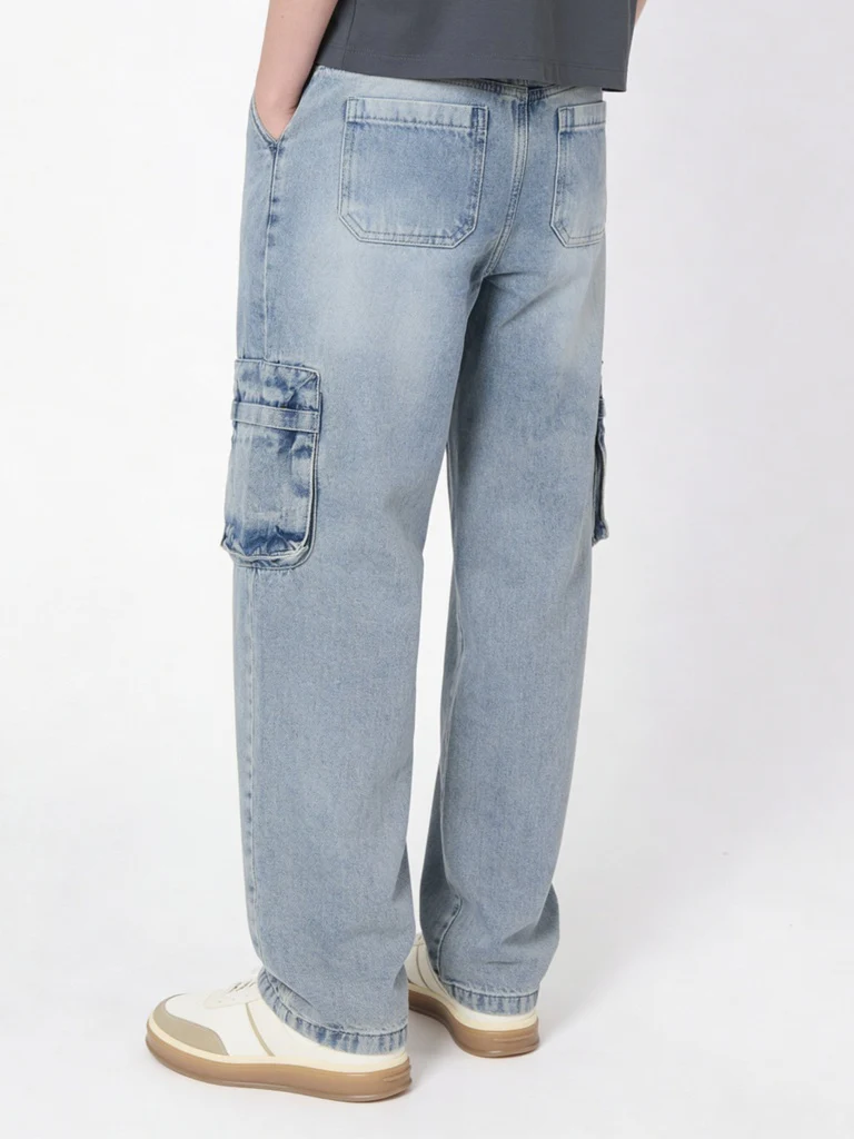 Y&F Kids Boys Light Blue Cargo Pocket Skater-Fit Jeans - Image 2