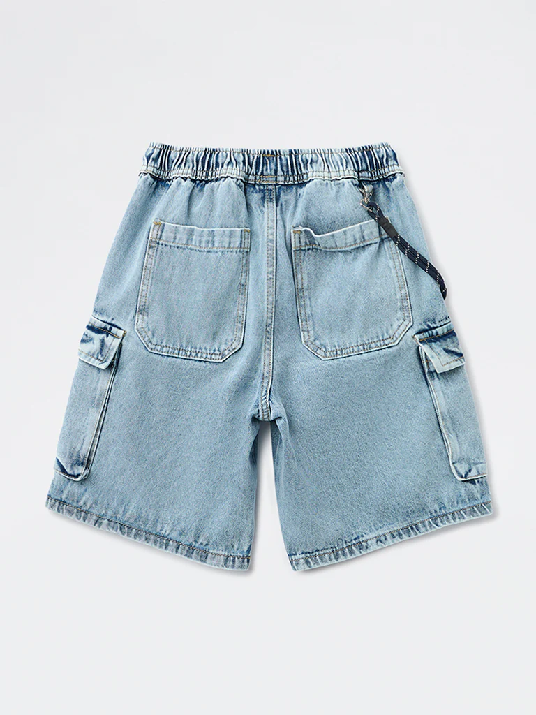 Y&F Kids Boys Light Blue Mid-Rise Cotton Cargo Shorts - Image 2