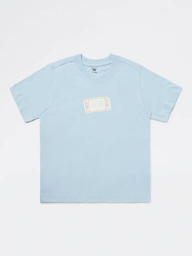 Y&F Kids Boys Light Blue Printed Cotton T-Shirt - Image 3
