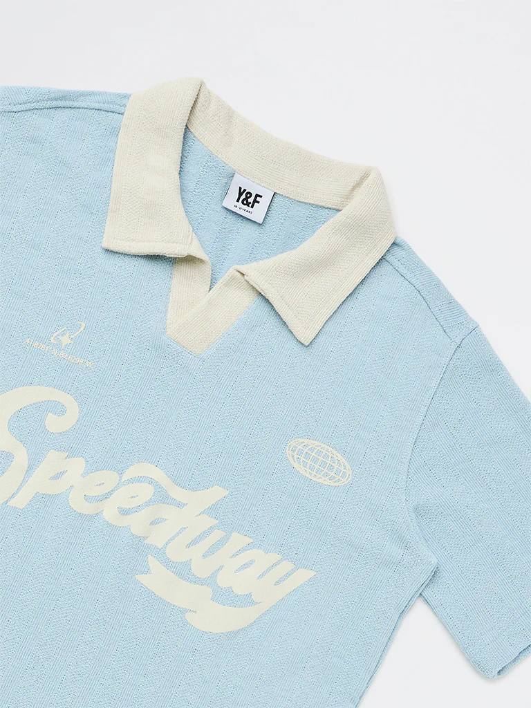 Y&F Kids Boys Light Blue Text-Printed Cotton-Blend T-Shirt - Image 5